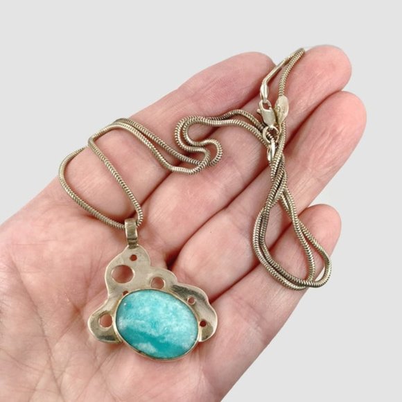 Amazonite Pendant, Sterling Silver, Larimar Necklace, Vintage, Modern - Picture 2 of 6